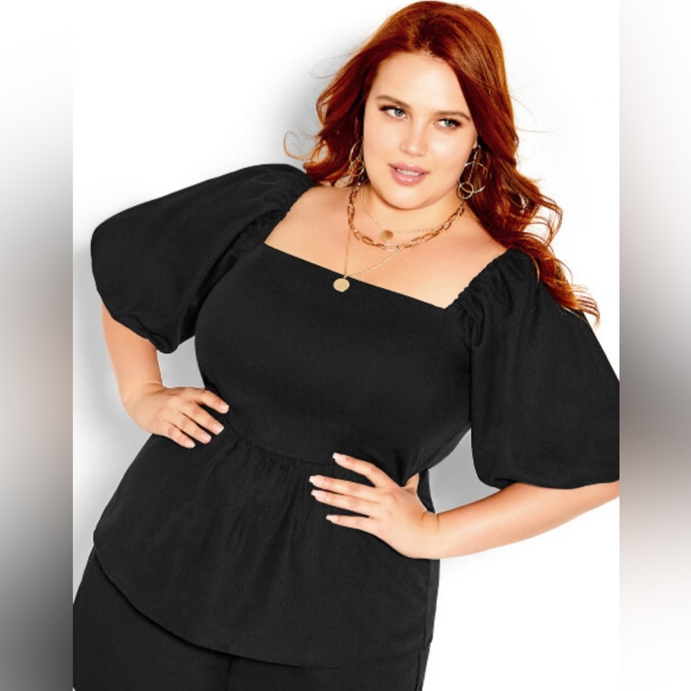City Chic Elegant Black Blouse with Puff Sleeves
